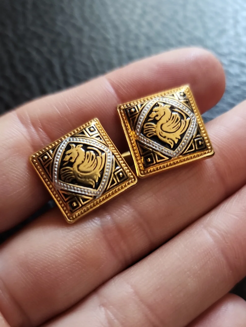 VTG Damascene Gold Tone Square Griffin Motif Cufflinks